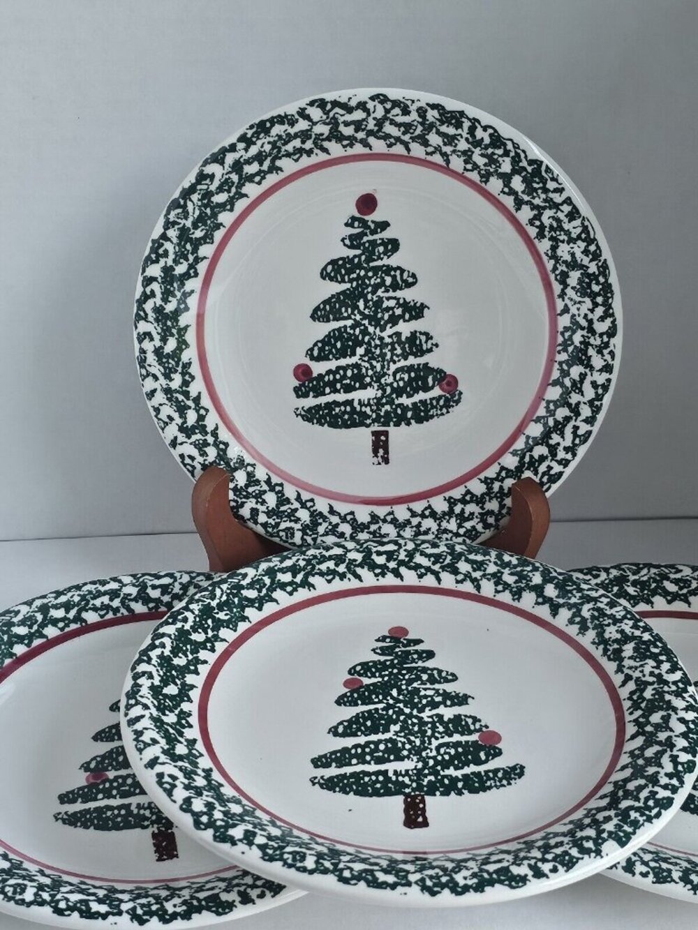Furio Holiday Christmas Tree Dessert Salad Plates 8" Italy sponge painted handpa - Picture 5 of 14